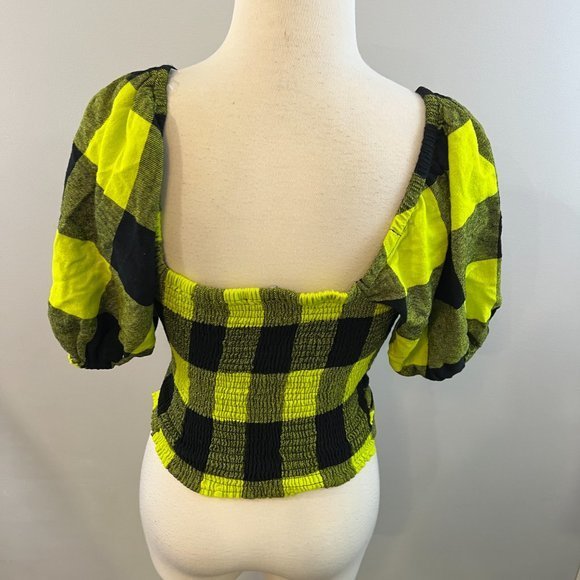 NWOT BP x WILDFANG Black Green Plaid Surplice Top Bubble Sleeve Smocked Back (XS - Picture 5 of 9